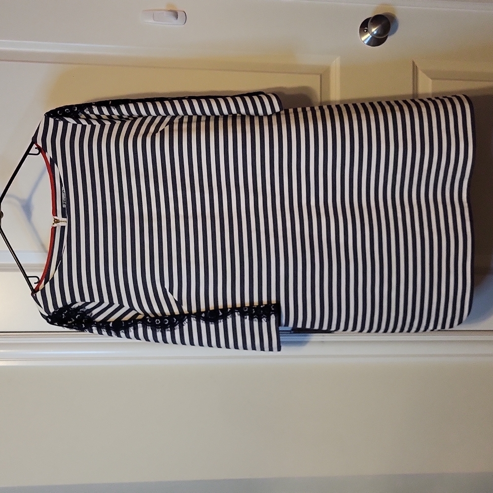 Eliza J. Dress Blue White Stripe Ponte Knit Lace Sleeve 12 Nautical - Picture 2 of 8